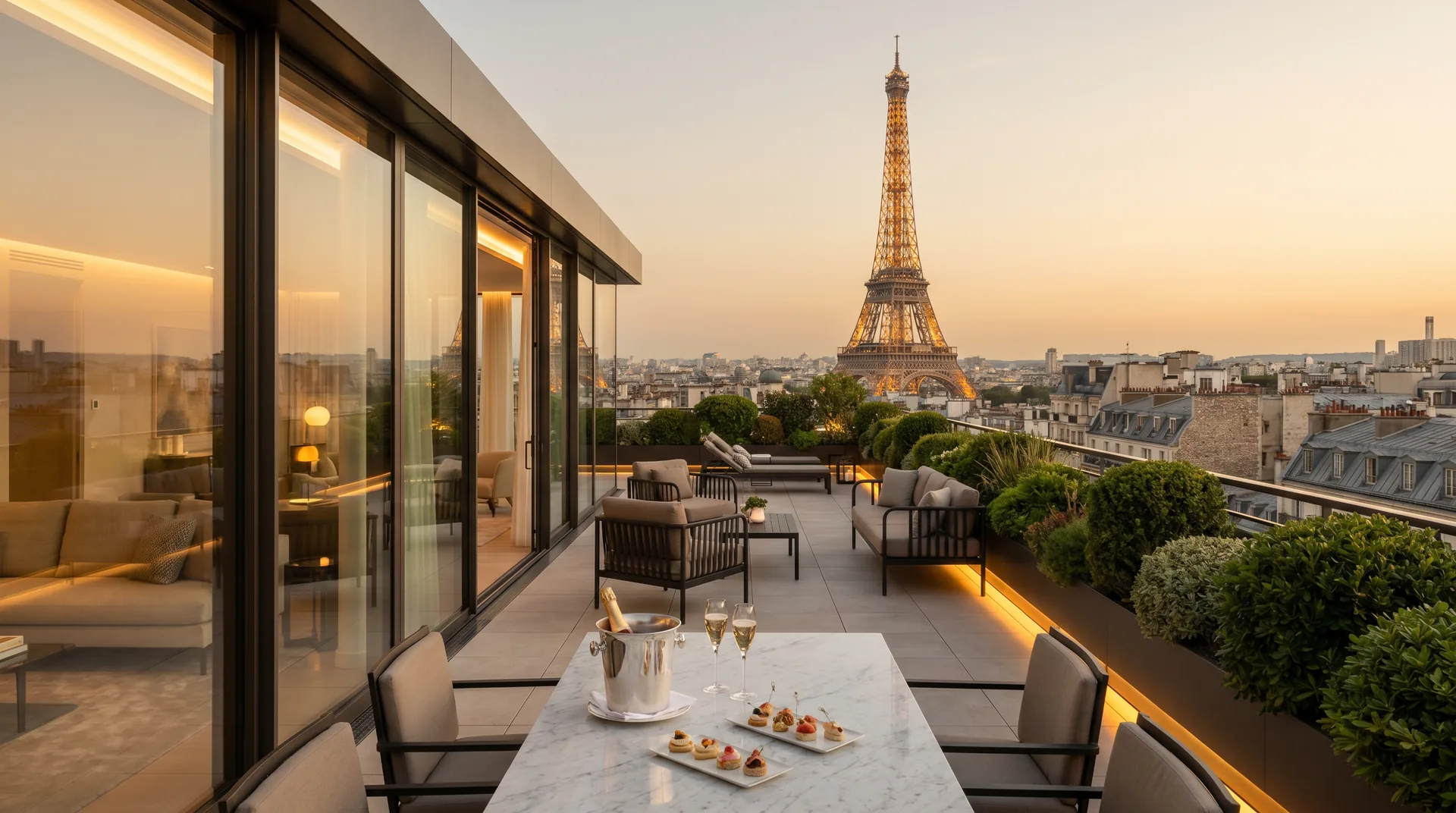 Rooftop terrace with champagne and an Eiffel Tower view in Paris