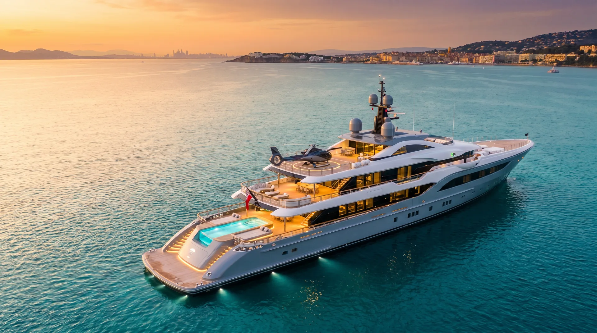 Luxury superyacht at anchor in turquoise water on the French Riviera