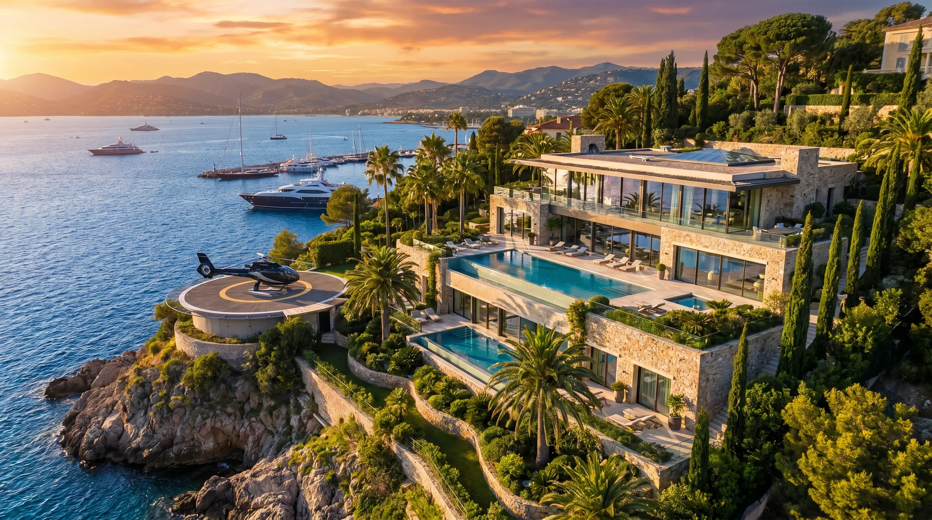 Hillside luxury villa with helipad and pool above Cannes