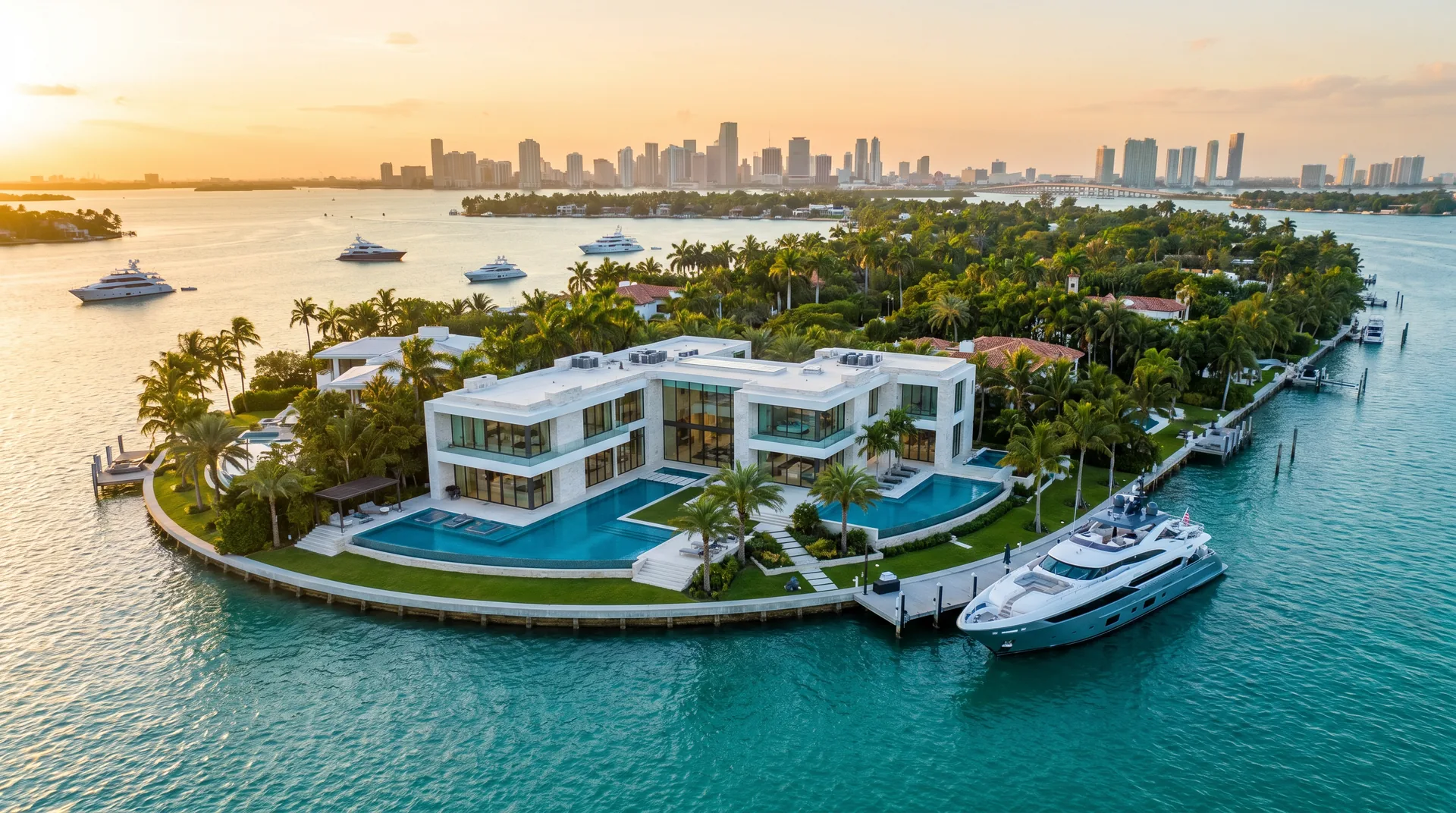 Waterfront luxury villa on a private island with the Miami skyline