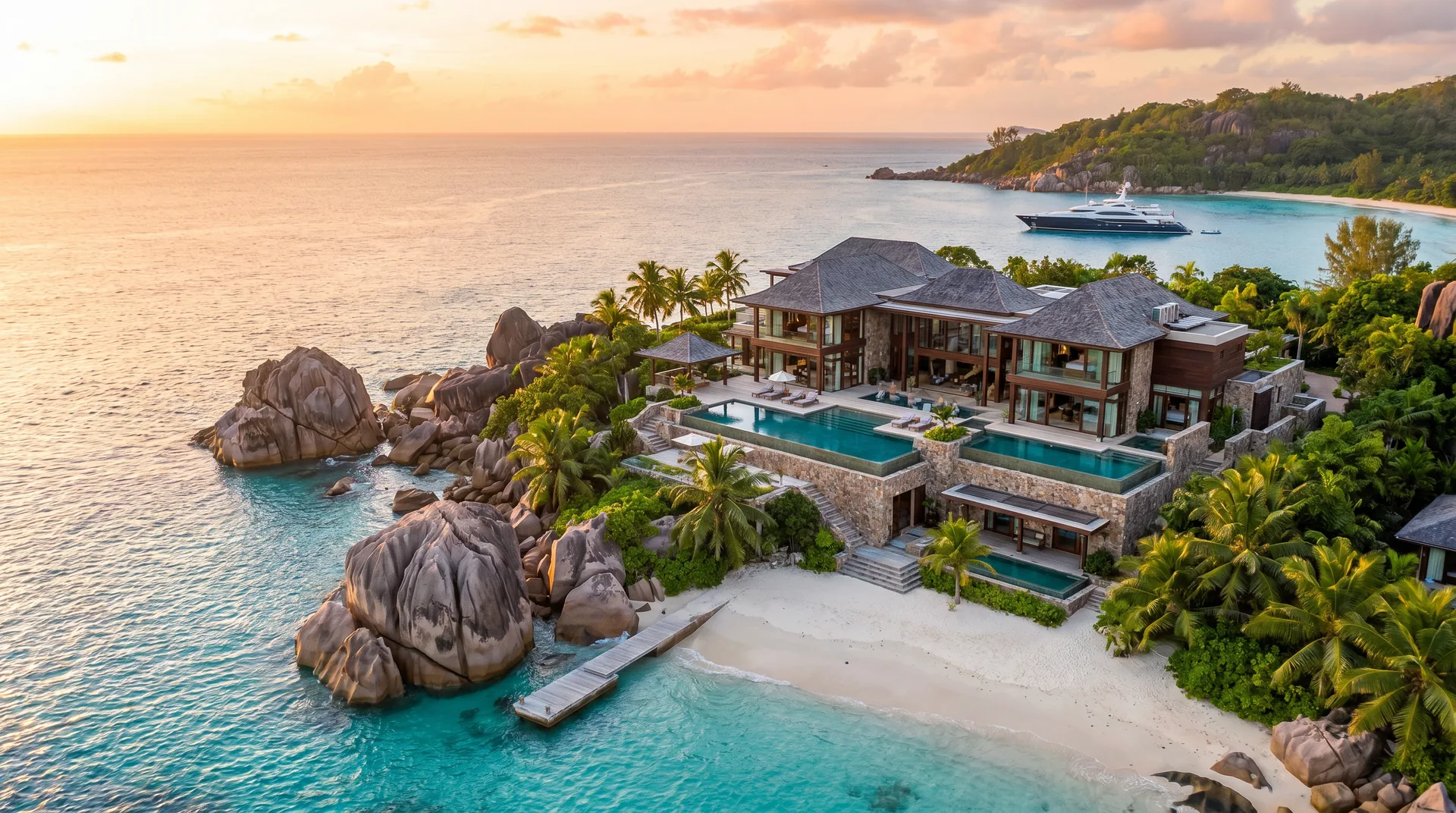 Beachfront luxury villa among granite rocks in the Seychelles