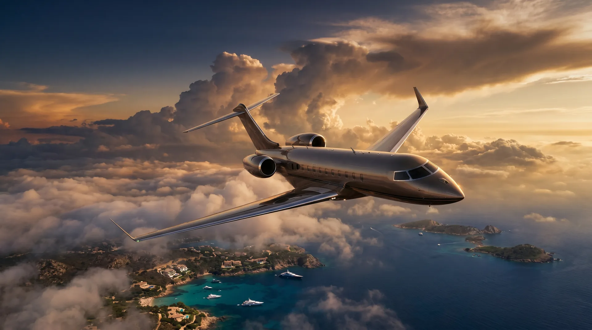 Private jet in flight above the coastline at sunset