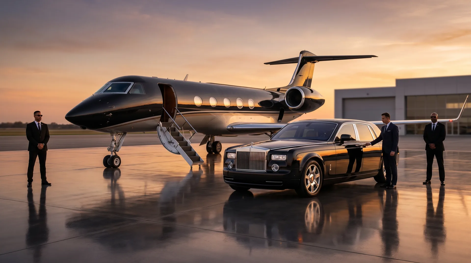 Private jet and Rolls-Royce with chauffeur and security on the tarmac
