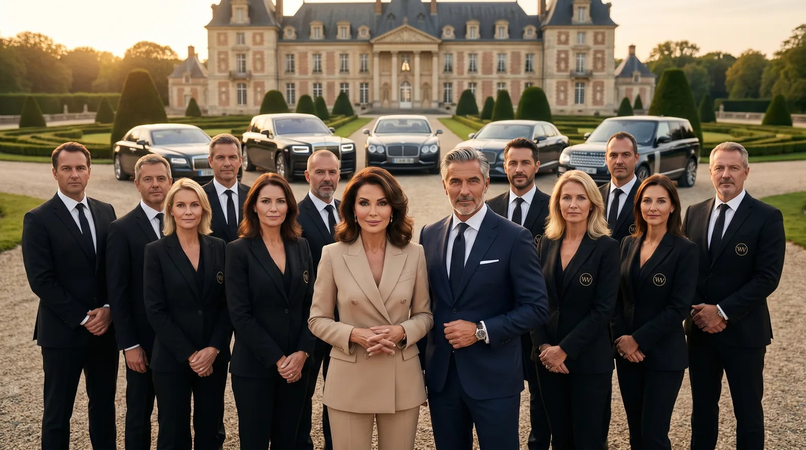 The WV Collection concierge team in front of a French chateau with a fleet of luxury cars