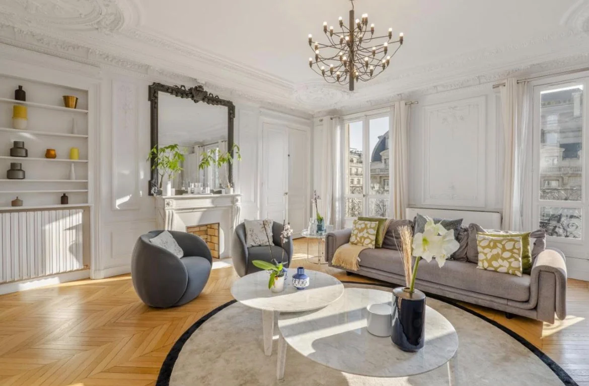 Living room and library area