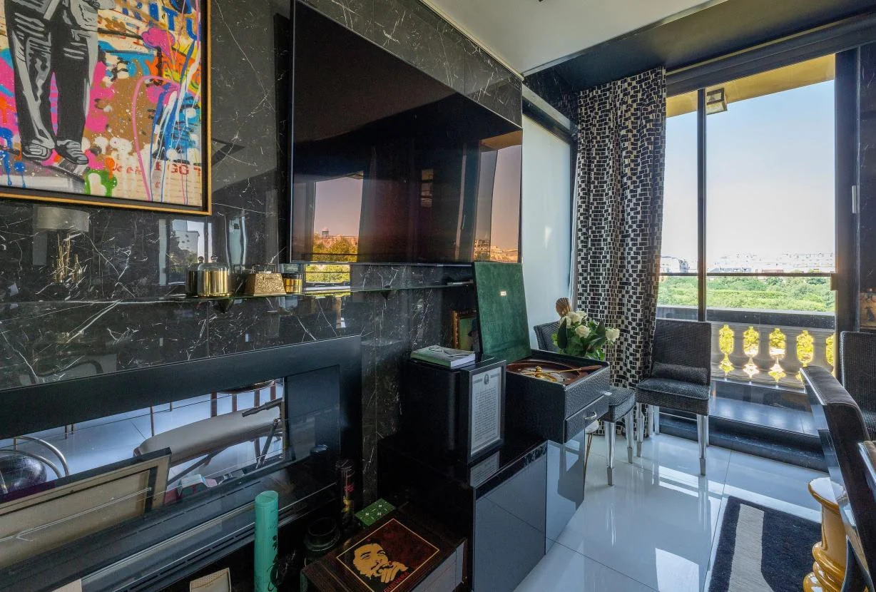 Living room, artworks and terrace
