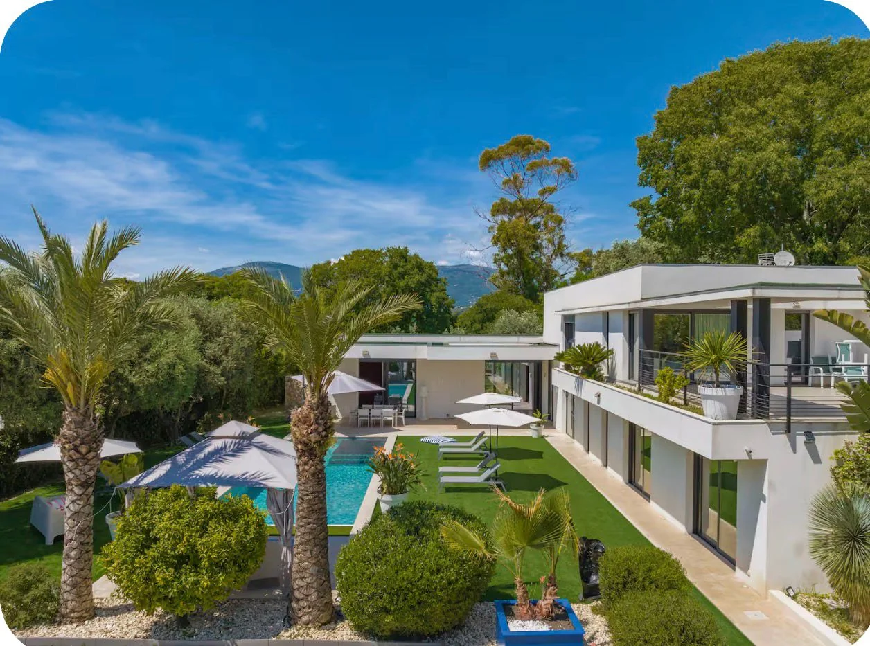 Aerial view of the villa and pool