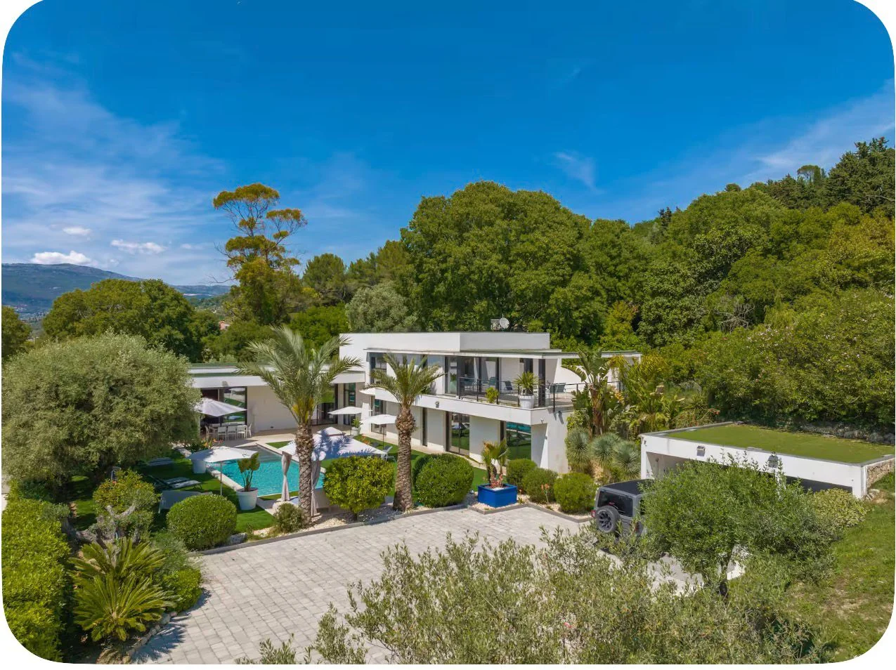 Aerial view of the villa amid greenery